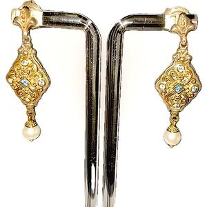 Konstantino 18k Gold and 925 Silver Post Dangle Earrings with Blue Topaz & Pearl